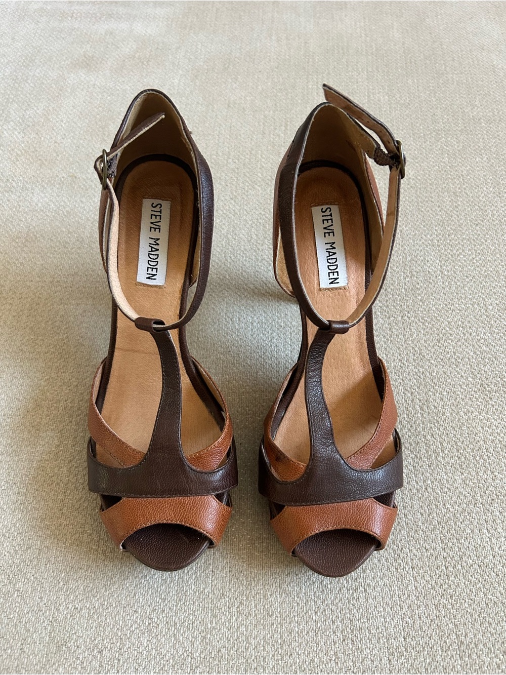 Steve Madden Two-Tone Brown & Tan Leather T-Strap Heels